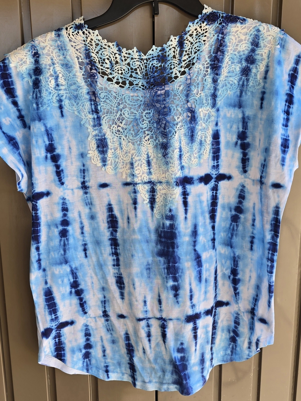 Women's Blue Tie-Dye Lace-Yoke Top